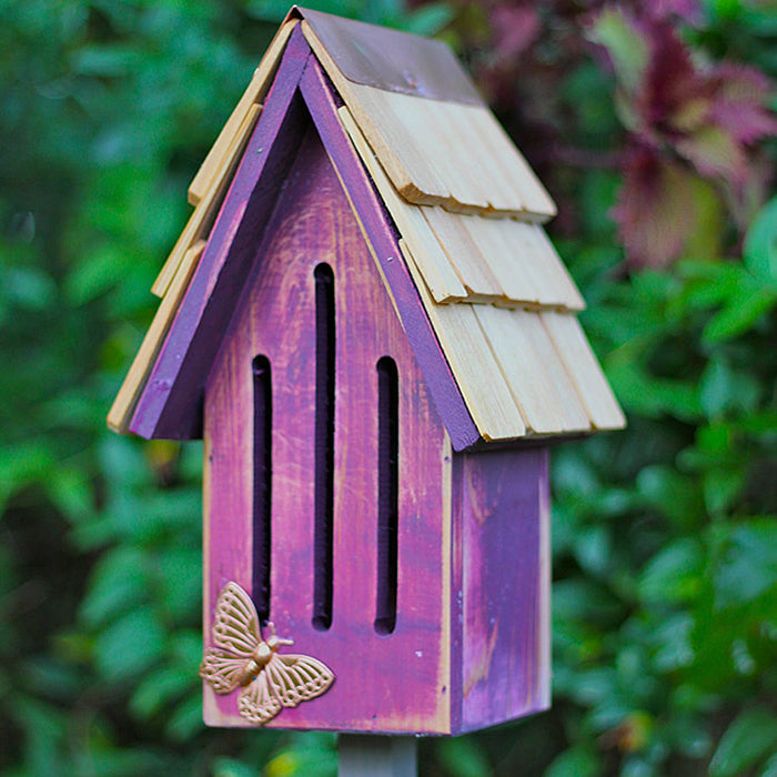 Butterfly Breeze House featuring a hand-shingled roof with copper accents and a butterfly ornament, includes a mounting stake and three fly-through openings.