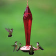 Ruby Red Hummingbird Feeder with eight feeding ports and wraparound perch, attracting multiple hummingbirds, featuring a decorative copper top and translucent red glass reservoir.