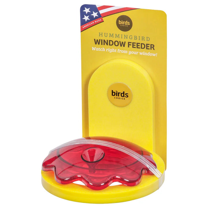 Window Mount Hummingbird Feeder, Yellow, featuring a red cover and clear dish, designed with suction cups for secure attachment and easy cleaning.