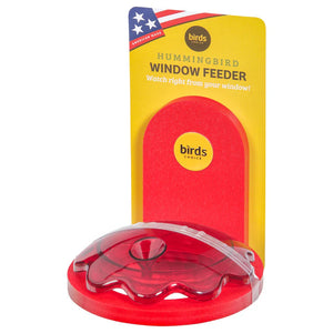 Window Mount Hummingbird Feeder, Red, featuring a durable red frame with a clear dish, easy-clean lid, and strong suction cups for secure window attachment.