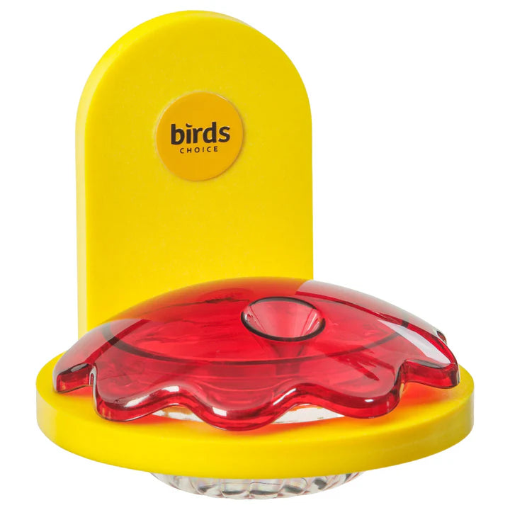 Window Mount Hummingbird Feeder, Yellow, with a vibrant red lid and clear dish, designed for easy cleaning and refilling, features a single feeding port.