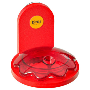 Window Mount Hummingbird Feeder, Red, featuring a red frame with a clear lid, designed with suction cups for easy window attachment and cleaning.