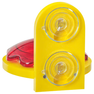 Window Mount Hummingbird Feeder, Yellow: A yellow frame with a red cover and clear dish, designed to attract hummingbirds, attaches to windows with suction cups.