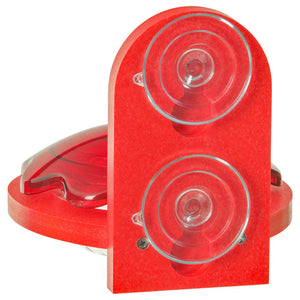 Window Mount Hummingbird Feeder, Red: Red apple-shaped feeder with clear dish, suction cups for window attachment, designed for easy cleaning and hummingbird attraction.