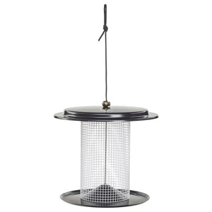 Modern Farmhouse Sunflower Seed Bird Feeder with wire mesh cage and black plate, designed for multiple birds to cling and feed easily.