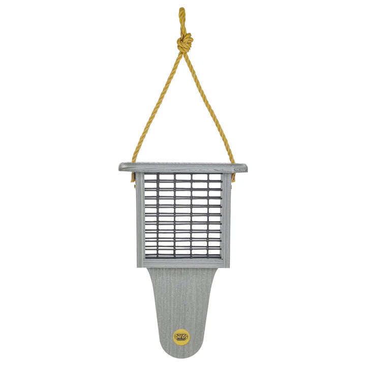 Modern Farmhouse Suet Feeder with Tail Prop, Driftwood, featuring a close-up of its metal grid and nylon rope for hanging. Holds one suet cake.