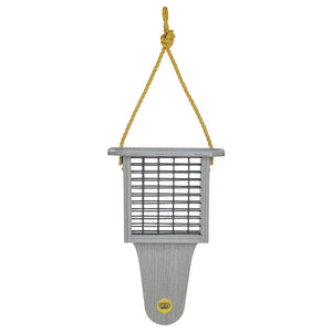 Modern Farmhouse Suet Feeder with Tail Prop, Driftwood, featuring a close-up of its metal grid and nylon rope for hanging. Holds one suet cake.