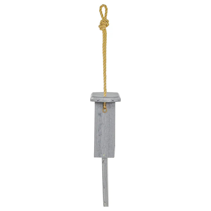 Modern Farmhouse Suet Feeder with Tail Prop, Driftwood, featuring a wooden box design with a rope for hanging, suitable for feeding woodpeckers and other birds.