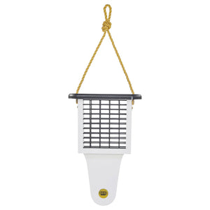 Modern Farmhouse Suet Feeder with Tail Prop, showcasing a sleek design with black bars, ideal for woodpeckers, featuring a top-lifting roof for easy suet refills.