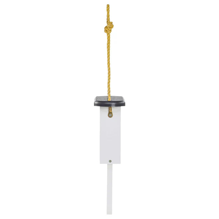 Modern Farmhouse Suet Feeder with Tail Prop, featuring a white box design with a yellow rope, ideal for attracting woodpeckers and other birds.