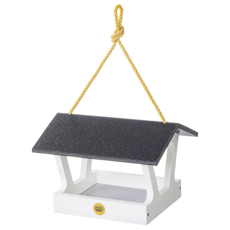 Modern Farmhouse Fly-Thru Bird Feeder with roof, recycled black and white plastic, mesh screen for drainage, and hanging cable, designed for durability and eco-friendliness.
