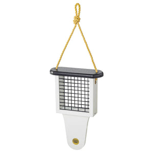 Modern Farmhouse Suet Feeder with Tail Prop, featuring a sleek design, holds one suet cake for woodpeckers, with a top-lifting roof for easy refilling.