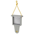 Modern Farmhouse Suet Feeder with Tail Prop, featuring a rope suspension and metal bars, designed to hold suet cakes for woodpeckers and other birds.