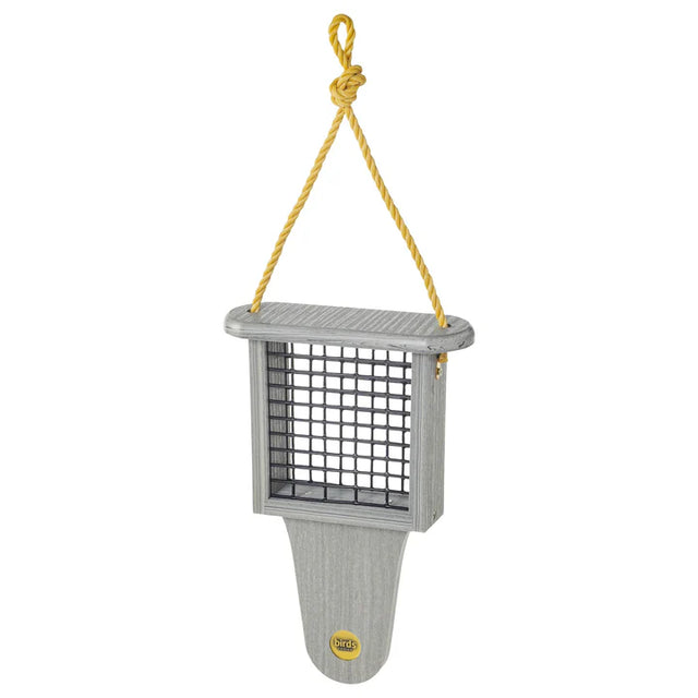 Modern Farmhouse Suet Feeder with Tail Prop, featuring a rope suspension and metal bars, designed to hold suet cakes for woodpeckers and other birds.