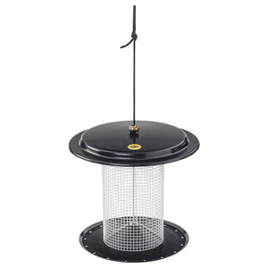 Modern Farmhouse Sunflower Seed Bird Feeder with wire mesh top, black and white finish, spacious clinging area, and drainage for seed longevity.