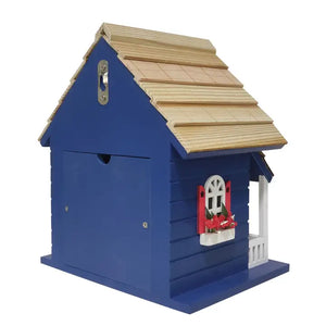 Bow Wow Birdhouse: Charming blue wooden design with red window, features clean out, drainage, ventilation, and 1.25 entry hole, perfect for small birds.