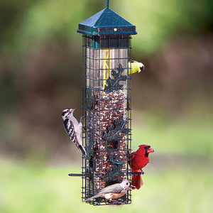 Brome Squirrel Solutions Seed Saver bird feeder with decorative leaves, six feeding ports, and weight-activated mesh to keep squirrels out.