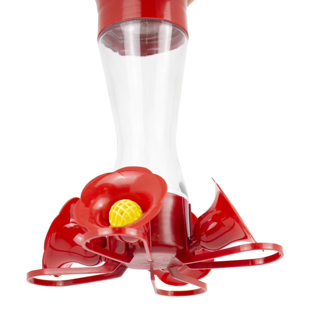 Close-up of the #1 Best Four Flower Frolic hummingbird feeder, featuring clear glass, red plastic parts, and four yellow bee guards with flower feeding ports.