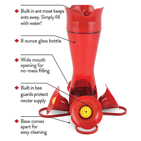 Pinch Waist Red Glass Hummingbird Feeder with instructions, featuring a red glass reservoir, four feeding stations, and yellow bee guards for easy cleaning.