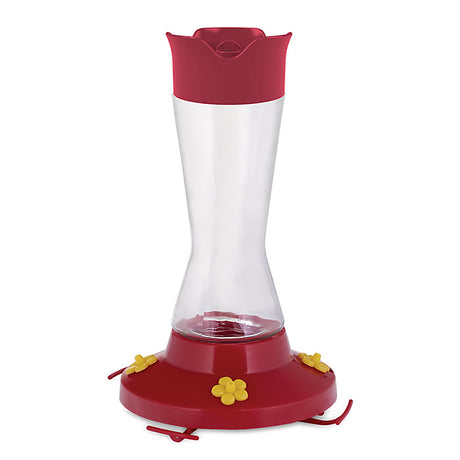 Pinch Waist Hummer Feeder with clear glass vase, red cap, and base. Features 4 yellow feeding ports, ant moat, bee guards, and twist-off base.