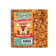 Flaming Hot Feast Block Small, Set of 3: Square food packages with a cartoon squirrel label, designed to attract birds and deter squirrels using spicy-hot ingredients.