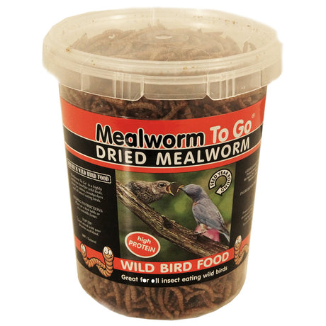 Container of Dried Mealworms To Go, 5.5 oz., ideal for attracting various insect-eating birds and providing high protein benefits.