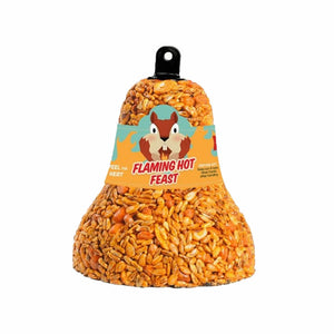 Flaming Hot Feast Bell, Set of 3: Large seed bell with a squirrel cartoon, designed to attract birds and deter squirrels with spicy ingredients.