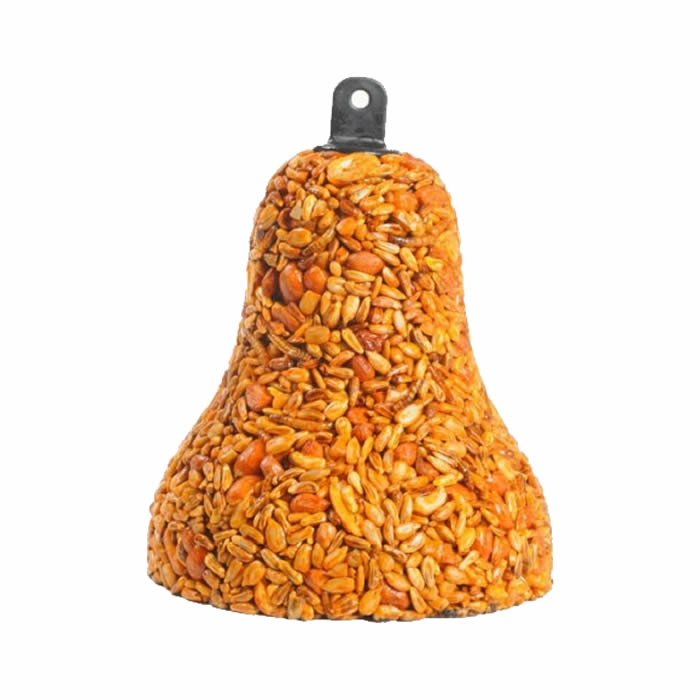 Flaming Hot Feast Bell, set of 3, seed bells with built-in hangers; includes sunflower hearts, peanuts, safflower seed, mealworms, and capsaicin to deter squirrels.