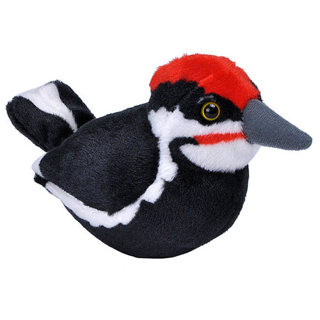 Audubon Pileated Woodpecker plush toy with realistic beak, squeezable to hear authentic bird call, made from recycled materials, approximately 5 inches tall.