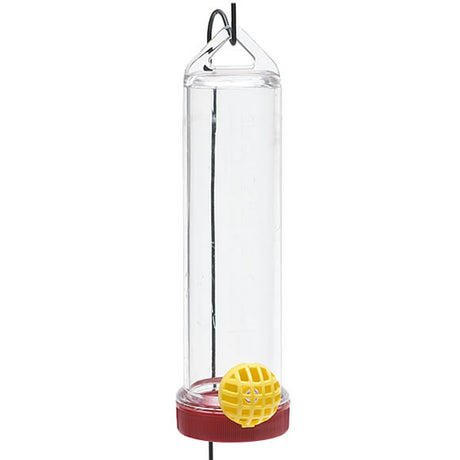 Planter Box Hummingbird Feeder, a clear tube with a yellow feeding port, designed to hang in gardens or planters, attracting hummingbirds.