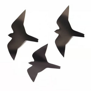 Hawk Birdsaver Window Decal, set of 3, featuring black bird silhouettes designed to prevent birds from crashing into windows. Re-usable with a 14-inch wingspan.