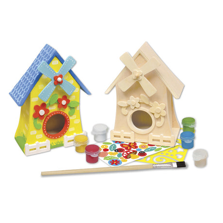 Birdhouse Windmill Wood Paint Kit: unassembled birdhouses with paint and a brush for kids to craft and decorate.