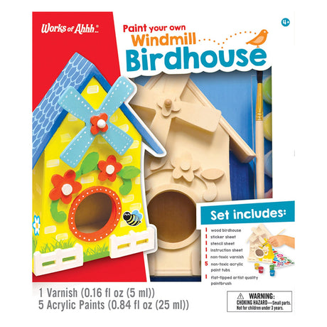 Birdhouse Windmill Wood Paint Kit showing a wooden birdhouse in a box, including paint, brush, stickers, stencil, varnish, and instructions for kids aged 3 and up.