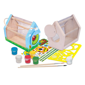 Bug Habitat Classic Wood Paint Kit with a wooden bug house, paintbrushes, acrylic paints, stencils, and a non-toxic varnish for kids' art and science projects.