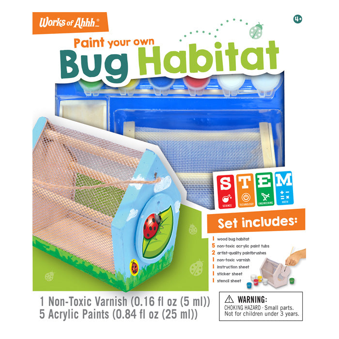 Bug Habitat Classic Wood Paint Kit featuring an assembled wooden bug habitat, mesh bird house, paintbrushes, non-toxic paint, stencils, and stickers for creative kids.