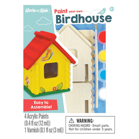 Buildable Birdhouse Wood Paint Kit with unassembled birdhouse, butterfly sticker, paint tubs, and brush for kids' creative painting and building.