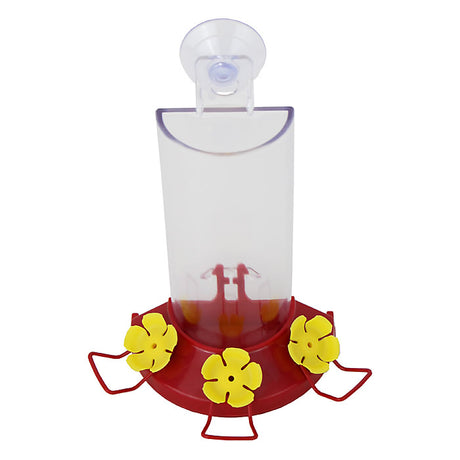 Window Mount Feeder with suction cup, clear plastic shatterproof reservoir, red base, 2 feeding stations, and detachable perches for hummingbirds.