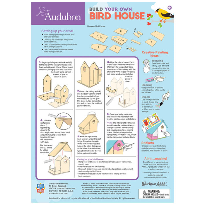 Audubon Bird House Buildable Wood Paint Kit: includes unassembled birdhouse, paints, varnish, glue, string, paintbrush, sticker sheet, and instructions for kids aged 4 and up.