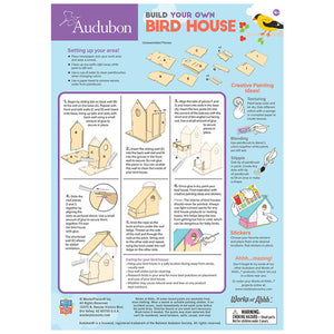 Audubon Bird House Buildable Wood Paint Kit: includes unassembled birdhouse, paints, varnish, glue, string, paintbrush, sticker sheet, and instructions for kids aged 4 and up.