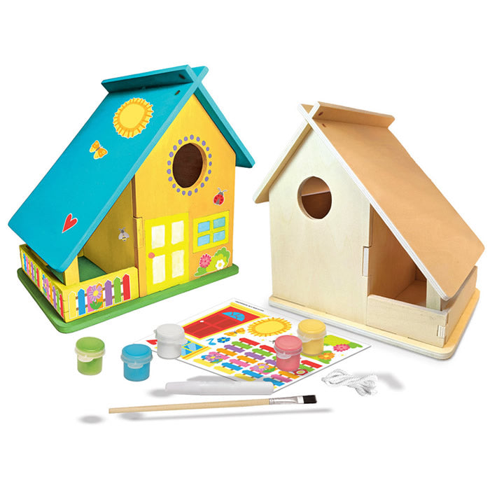 Audubon Bird House Buildable Wood Paint Kit with birdhouses, paintbrushes, and sticker sheet for kids to assemble and decorate.