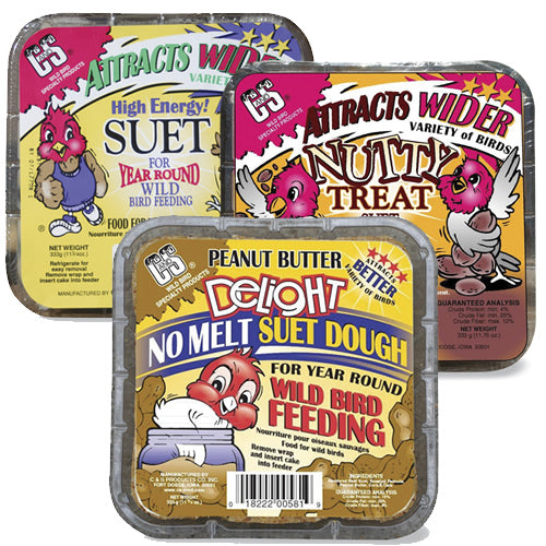 Suet Sampler, Set of 6, featuring various suet cakes packaged in plastic containers with labels, ideal for attracting and feeding birds during winter.