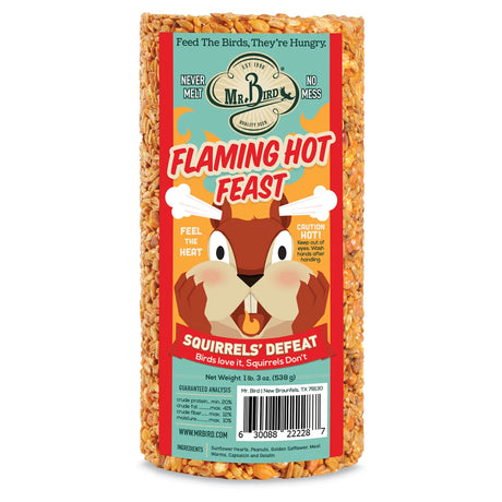 Mr. Bird Flaming Hot Feast Cylinder Small; spicy suet log deters squirrels with capsaicin, attracts songbirds. Includes sunflower hearts, peanuts, safflower, mealworms.