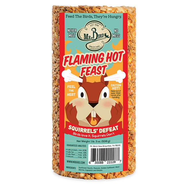 Flaming Hot Feast Cylinder Small: A package featuring a squirrel face, containing spicy bird food with sunflower hearts, peanuts, safflower seed, mealworms, and capsaicin.