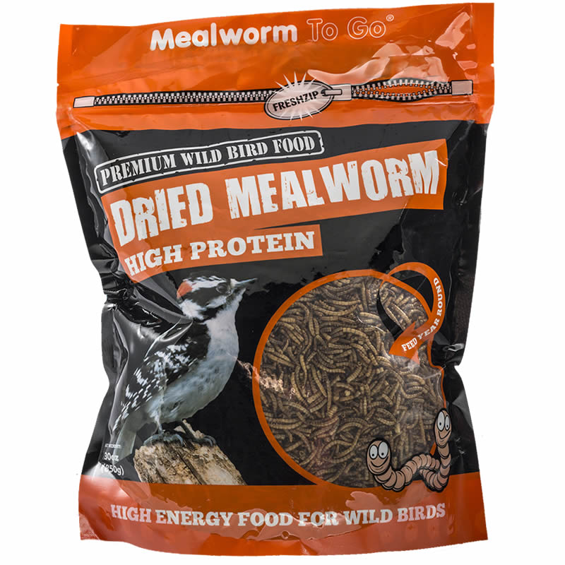 Dried Mealworms, 30 oz. Bag, featuring a picture of a bird. High-protein treat for various birds, easy to store and feed.