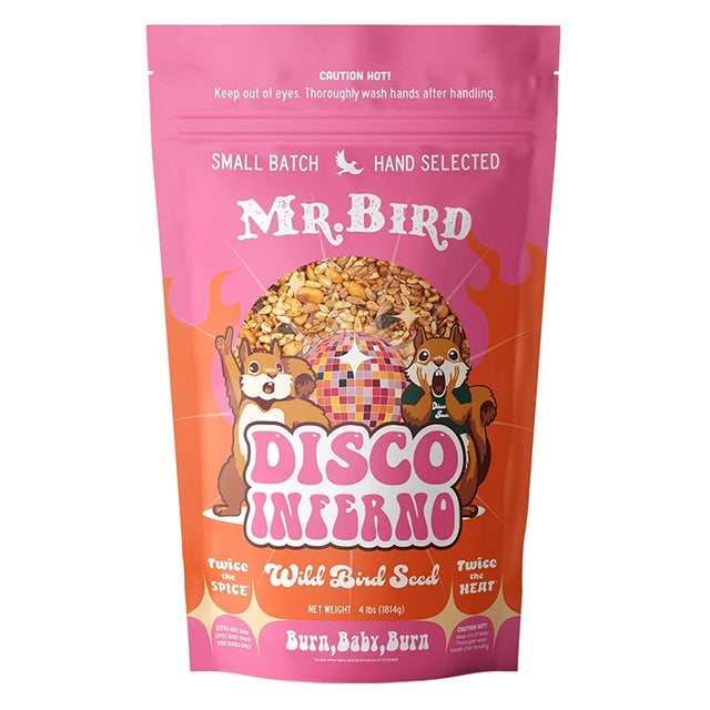 Disco Inferno, 2-lb bag of spicy birdseed with a squirrel deterrent label, featuring a cartoon squirrel and bear, ideal for attracting diverse birds.