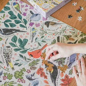 Feathered Friends 1,000 Piece Bird Jigsaw Puzzle, featuring a hand holding a puzzle piece, and a box with bird artwork and hand-lettered species names.