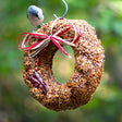 Flaming Hot Feast Bird Seed Wreath: A bird stands on a seed wreath decorated with a bow, designed to feed birds and deter squirrels.