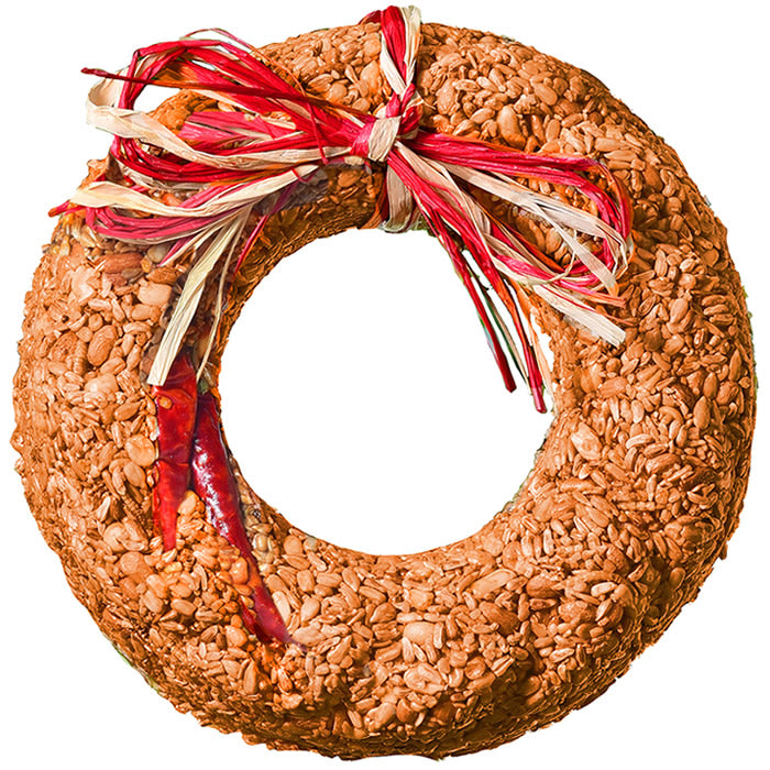 Flaming Hot Feast Bird Seed Wreath: Round seed wreath with a red and white ribbon, designed to feed birds and deter squirrels.