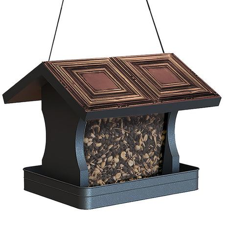 Modern Farmhouse Vintage Wood with Tin Roof Hopper Feeder featuring a roof with tin tiles; designed to hold 4 lbs of seed and attract various birds.