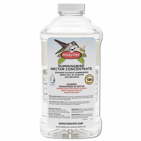 Clear Nectar Concentrate 32 oz. Bottle for hummingbirds, featuring a twist-off cap and 100% sucrose formula for easy digestion and no dyes.